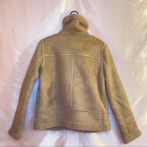 TAUPE BROWN FAUX FUR SUEDE MOTO JACKET BIKER COAT - Picture 9 of 14